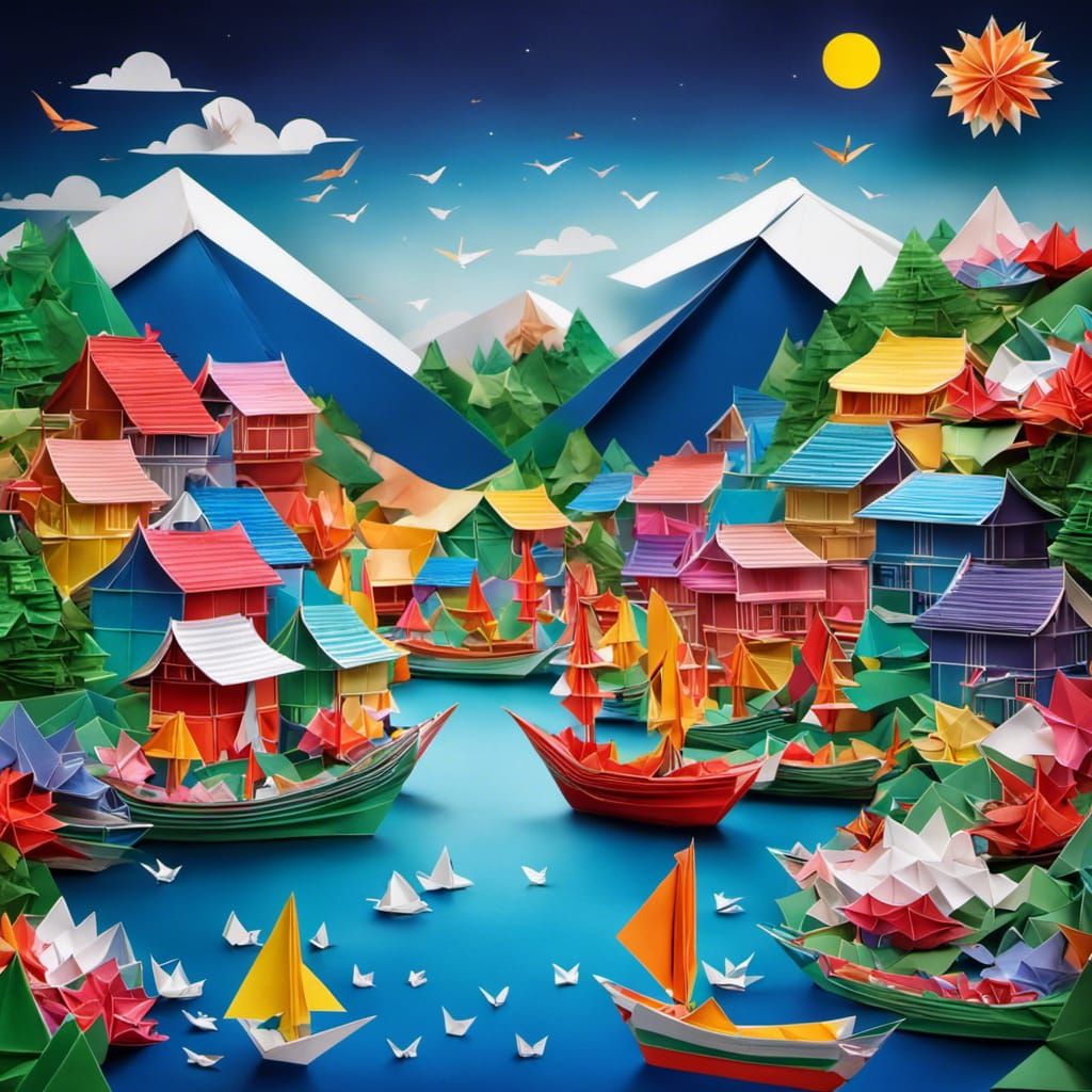 Origami Harbor with Japanese Town in Bright Colors