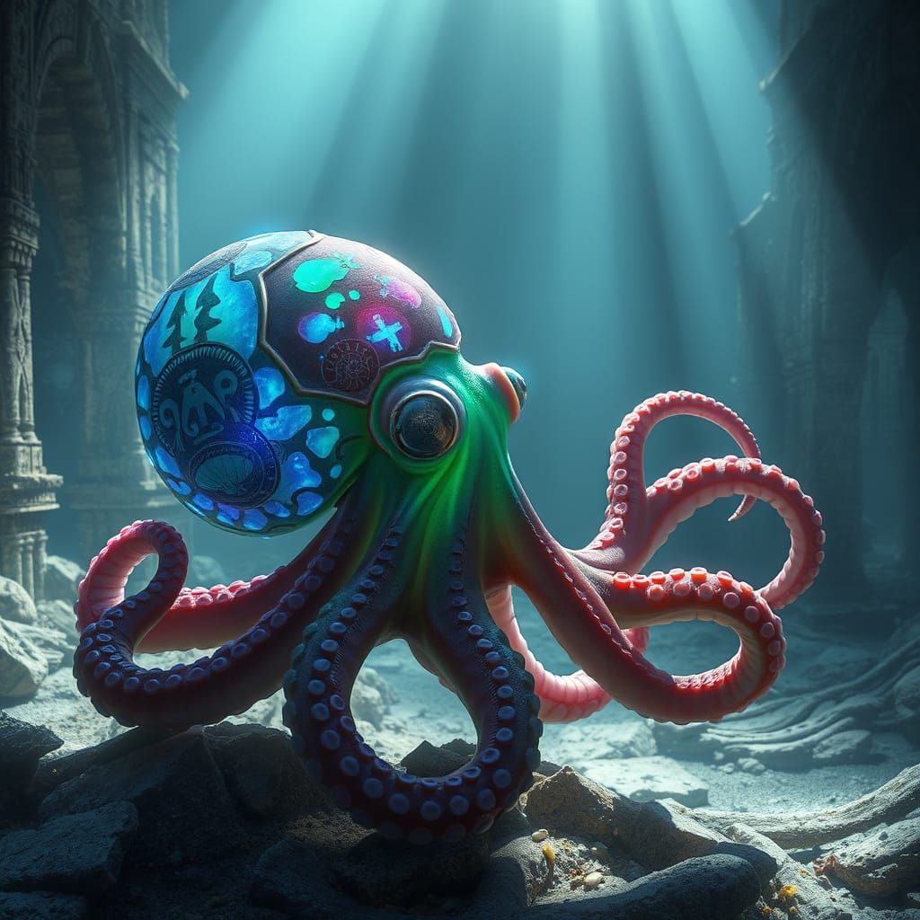 Bioluminescent Octopus in Sunken City Ruins