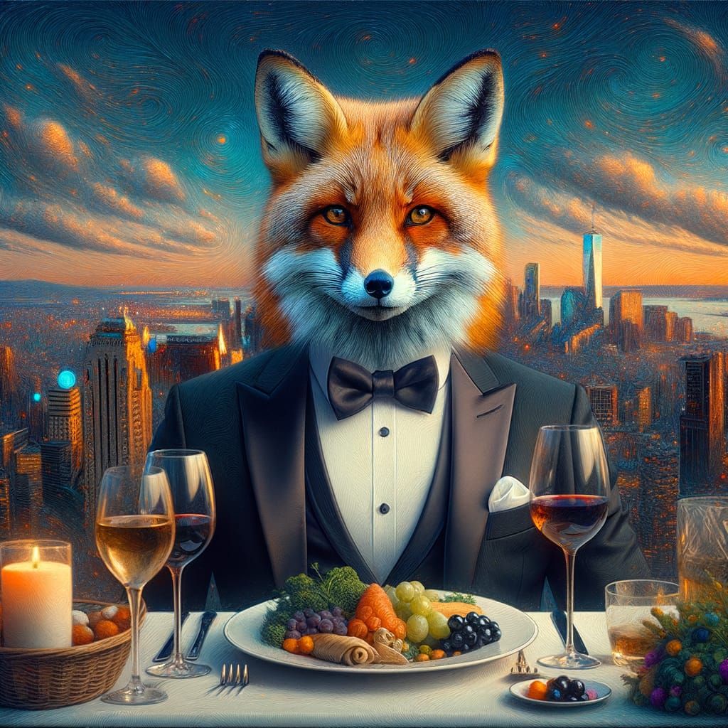 Anthropomorphic Fox in Tuxedo at Fantasy Dinner Party