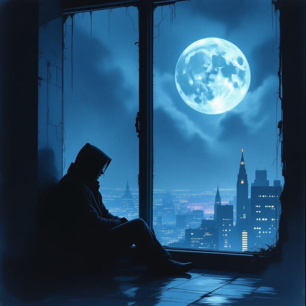 Eerie Silhouette: Man in Shadow by Moonlit Window