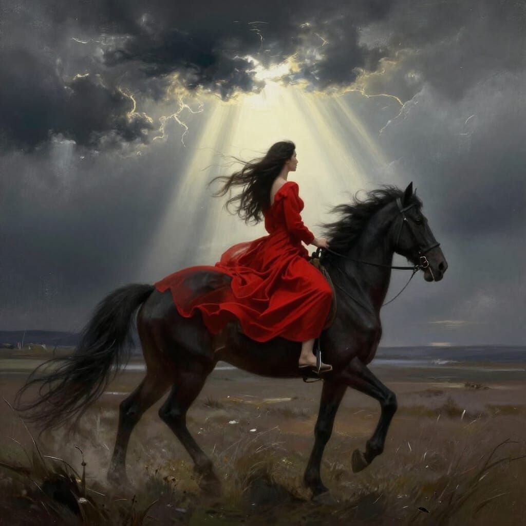 Woman in Crimson Gown Rides Horse Backwards on Moor