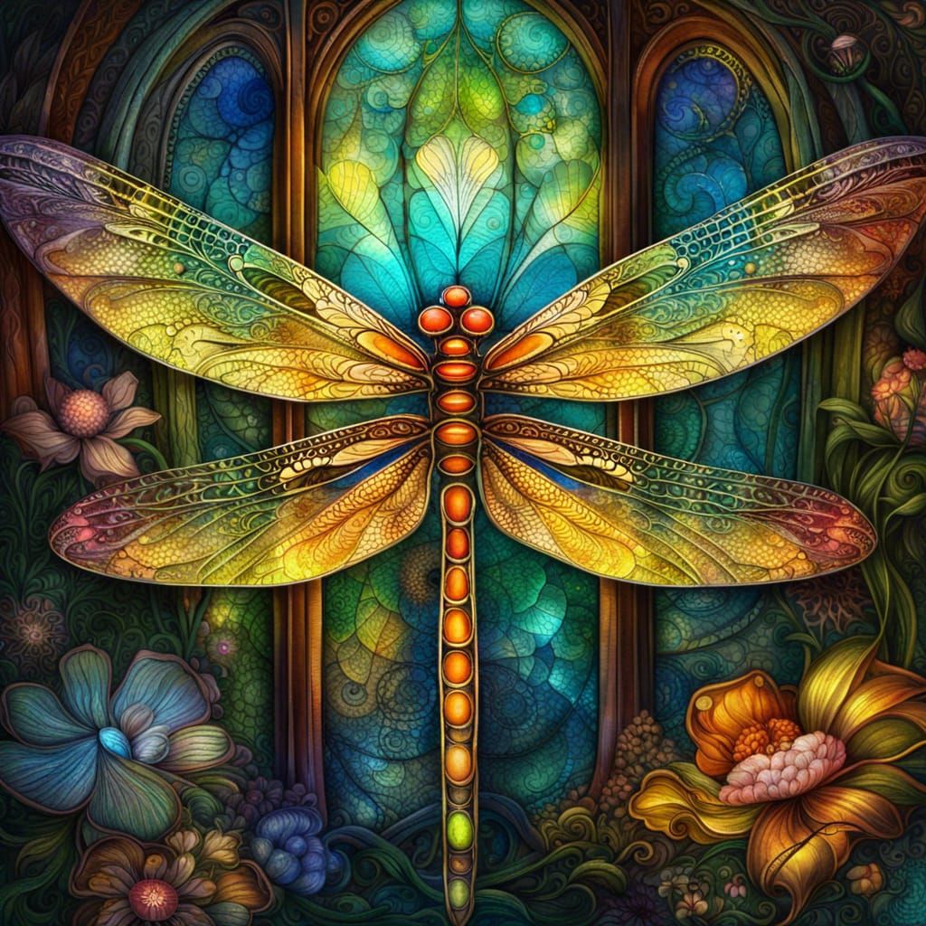 Bioluminescent Dragonfly with Stained Glass Wings