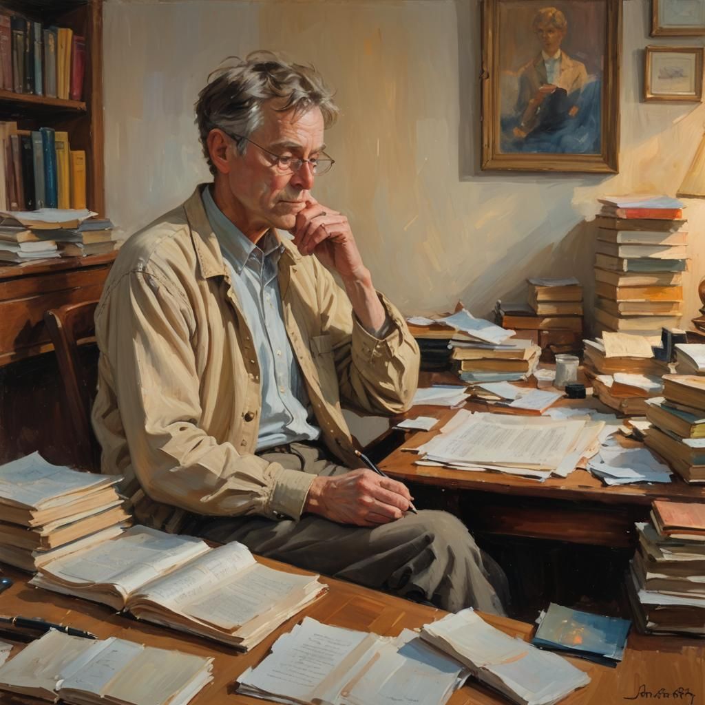 Poet Composing at Desk in Impressionist Oil Painting