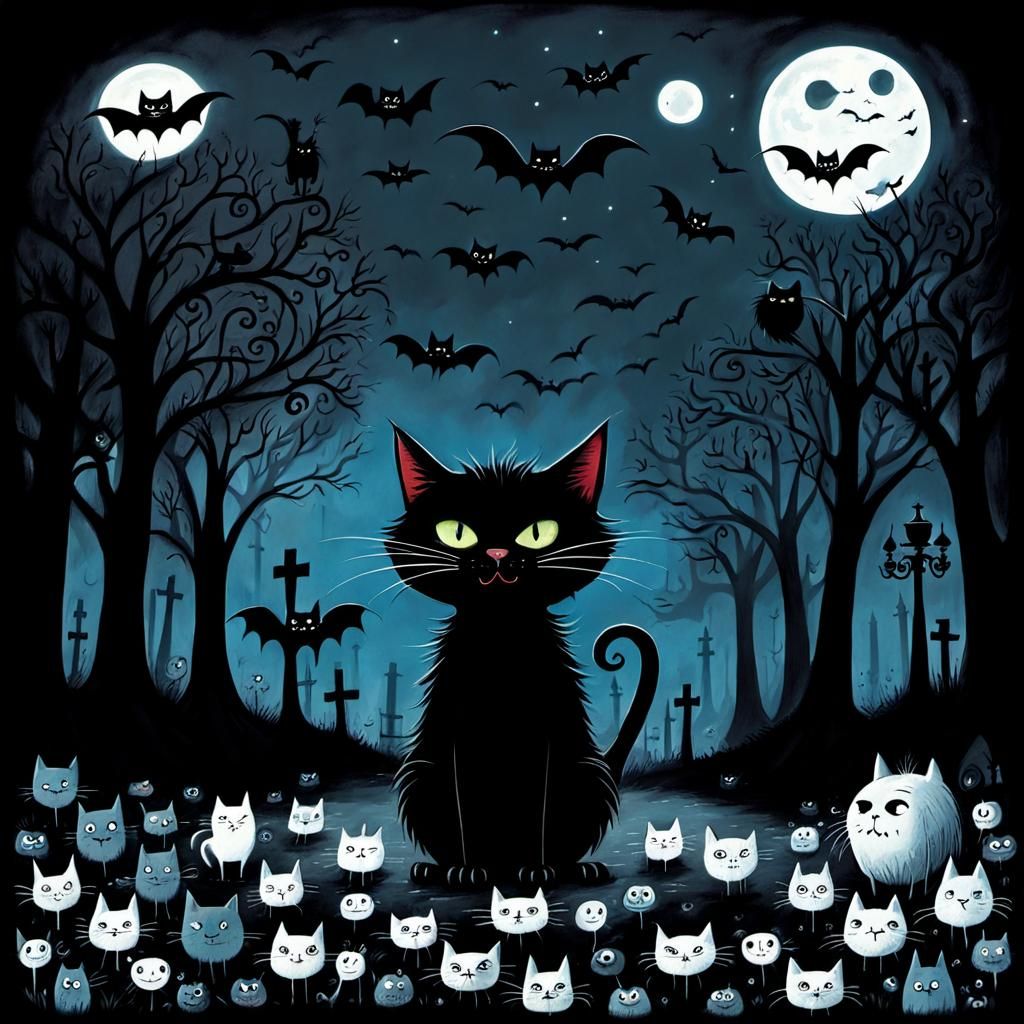 Fierce little black fang goth cat vampire , surrounded by hi...