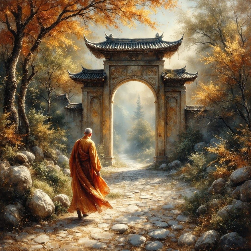 Monk in Zen Garden with Asian Temple