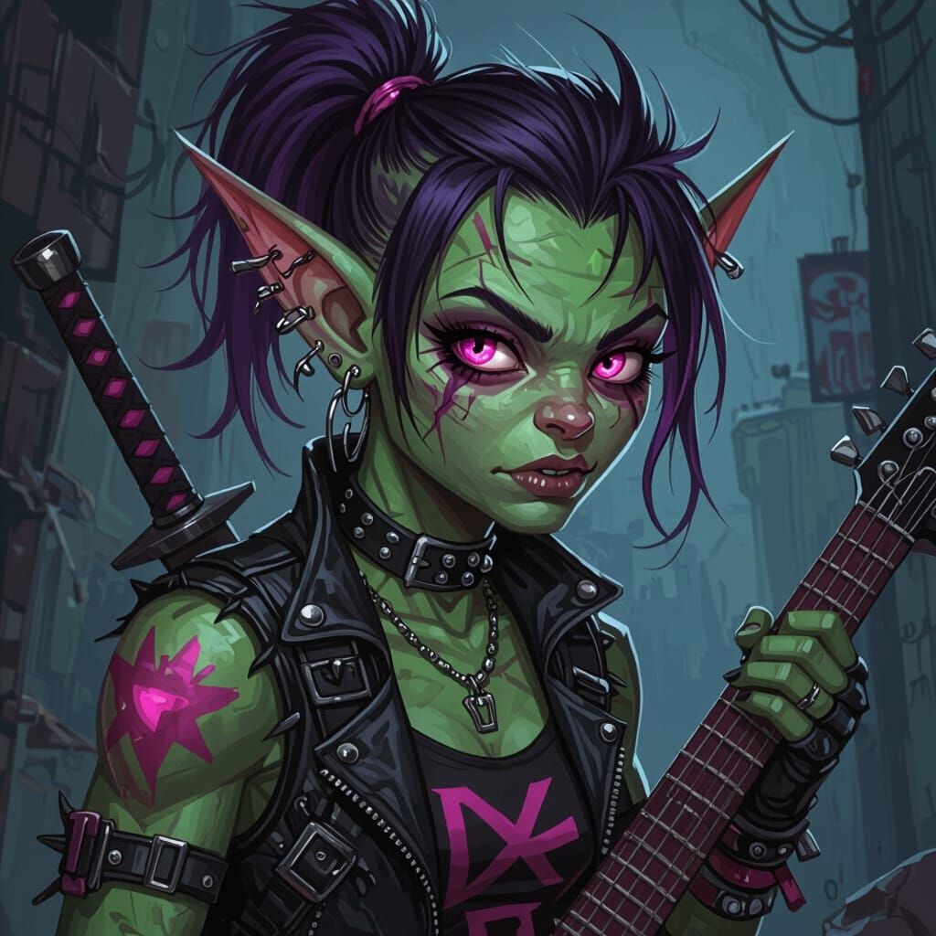Muscular Punk Rock Goblin Girl with Pink Eyes