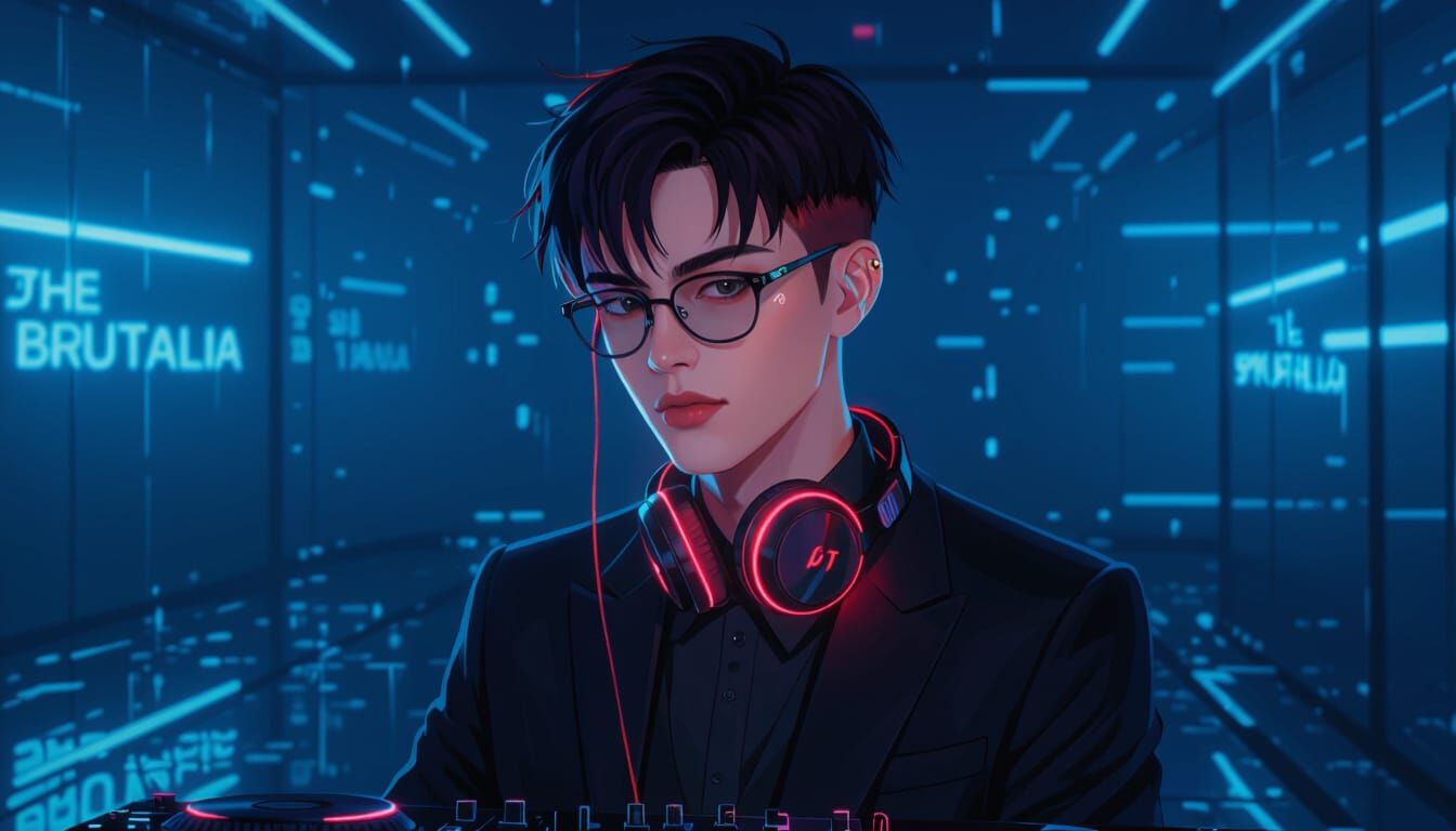 Hyperrealistic DJ in Neon Lit Obsidian Room