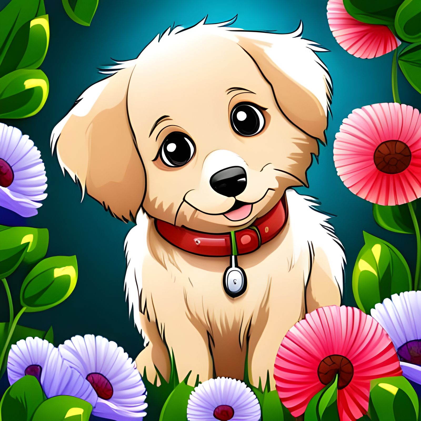 Puppy Surrounded by Flowers Coloring Page