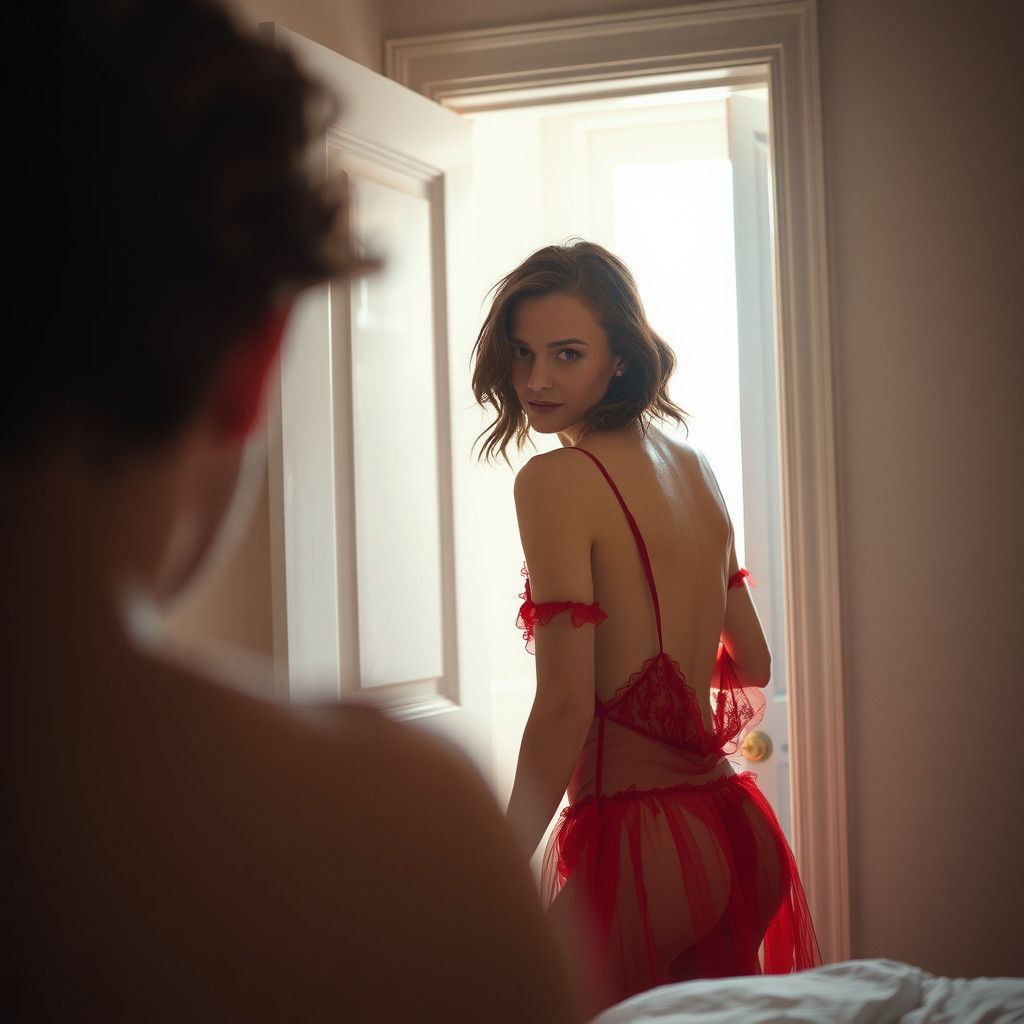 Woman in Red Negligee Entering Bathroom