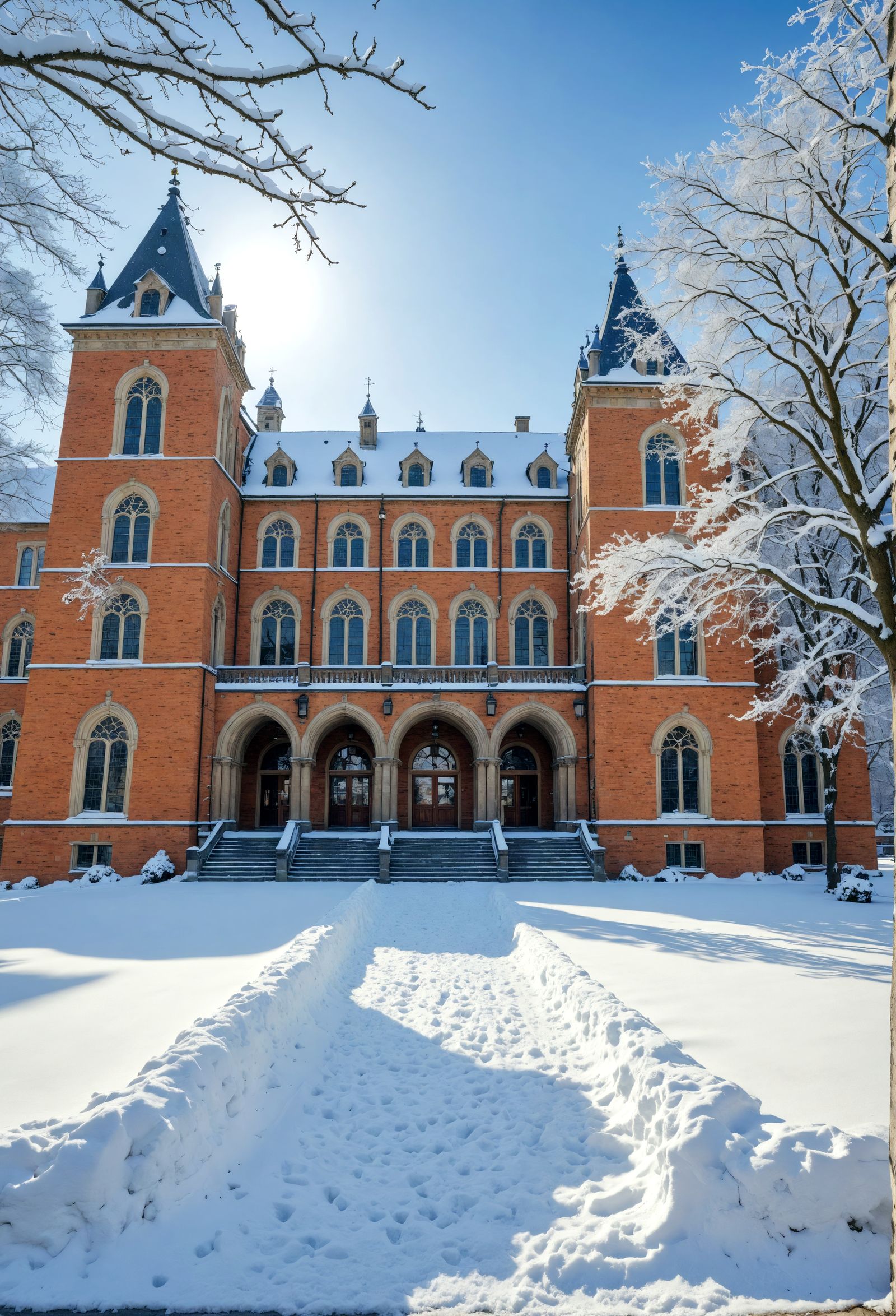 Snowy University Campus in Winter, Hyperrealistic HDR