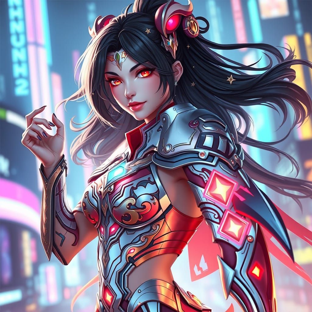 Cyberpunk Warrior Woman with Celestial Armor