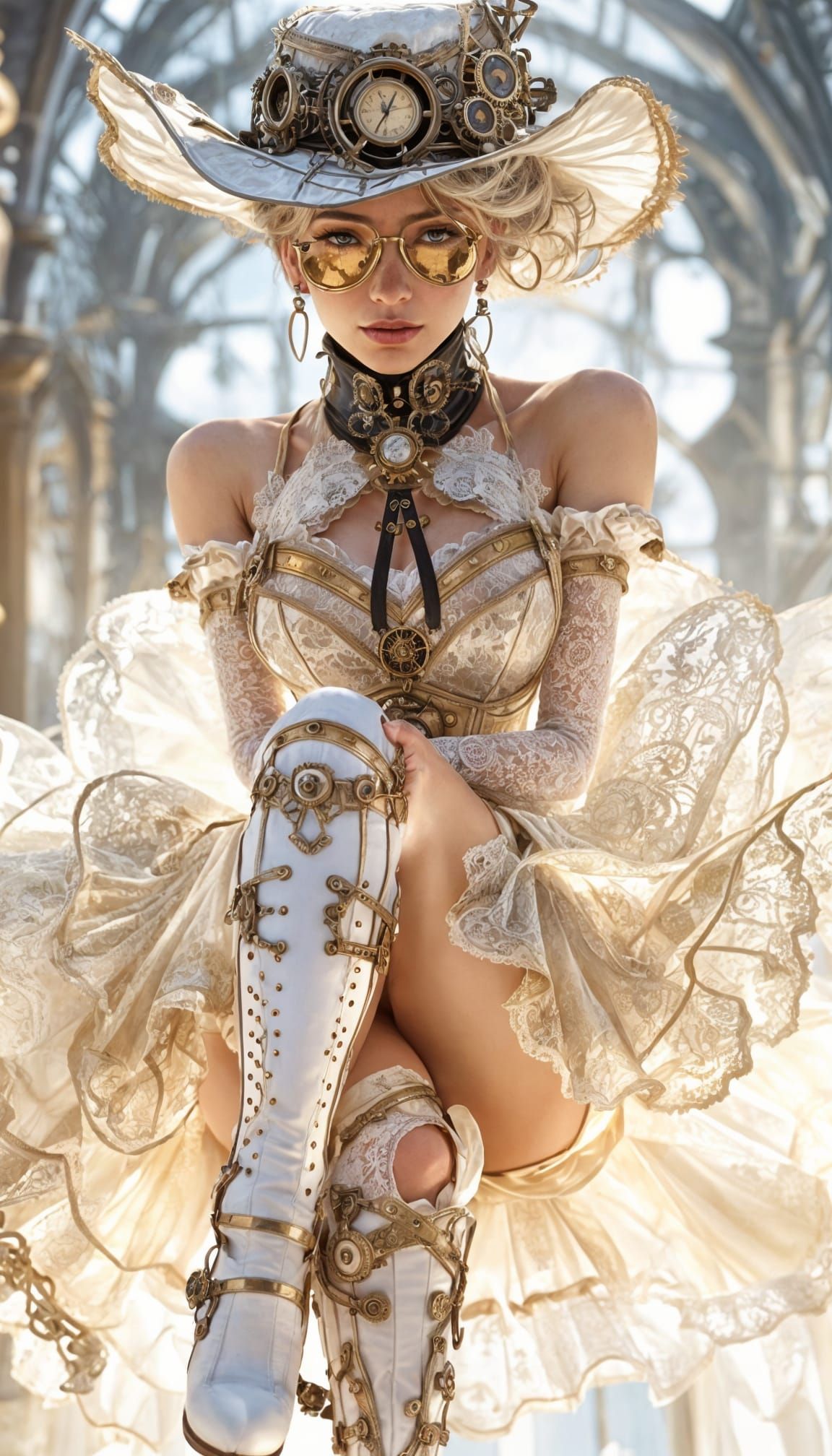 Steampunk Lady in Lace Ball Gown and White Boots