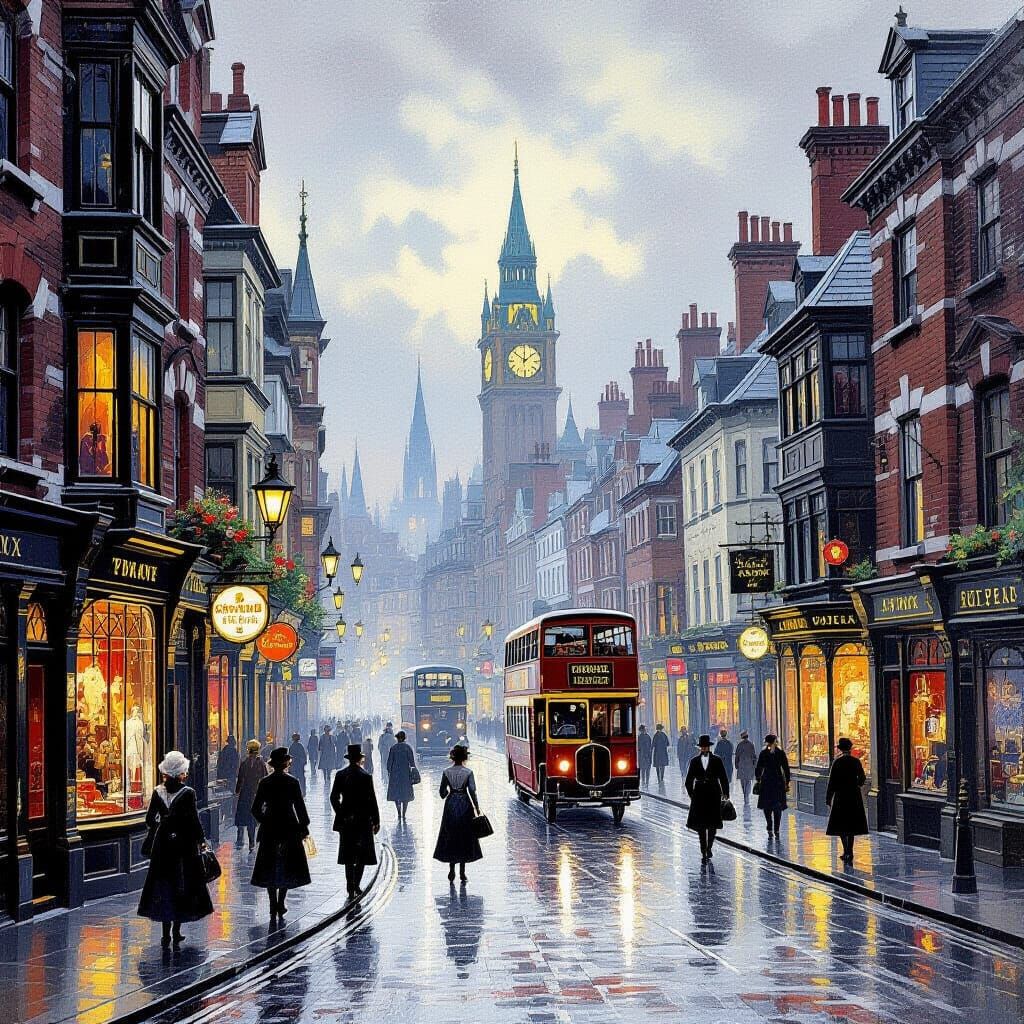 Victorian Street Scene Gouache Painting