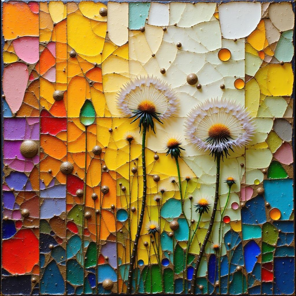 Dandelion Seeds Dispersing in Abstract Mosaic Composition