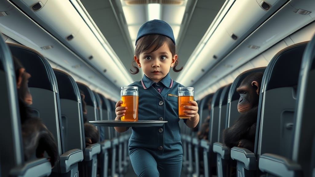 Flight Attendant Trainee in a Whimsical Photorealistic Scene
