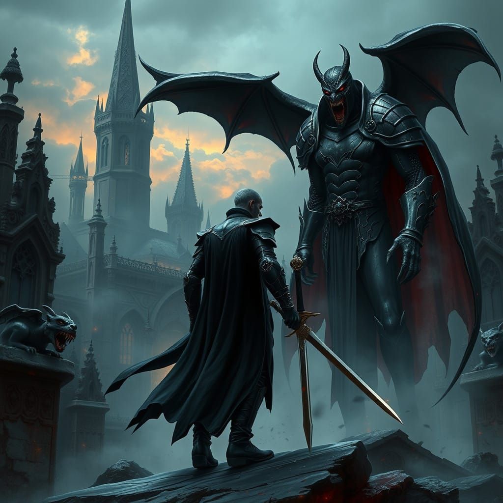 Dark Fantasy Slayer Confronts Menacing Vampire in Gothic Cit...