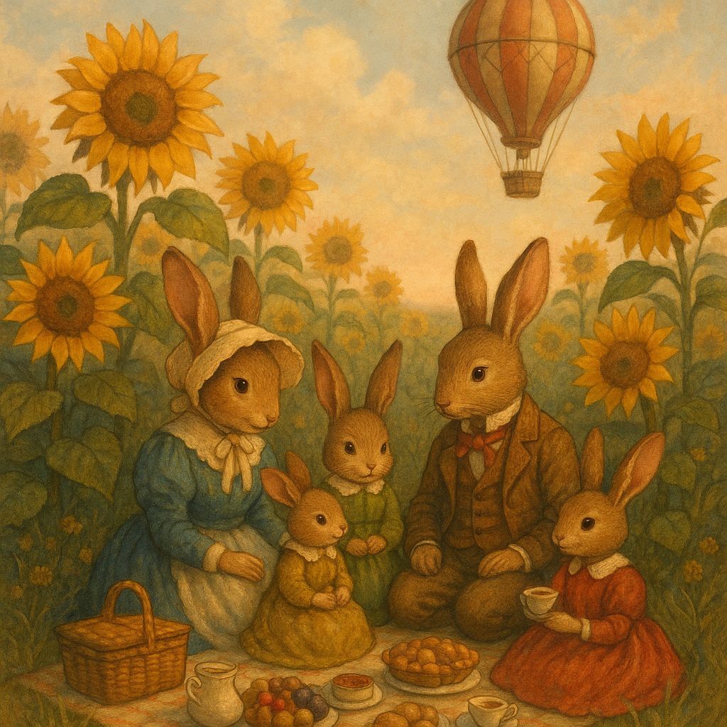 Victorian Rabbits Picnic Under Hot Air Balloon