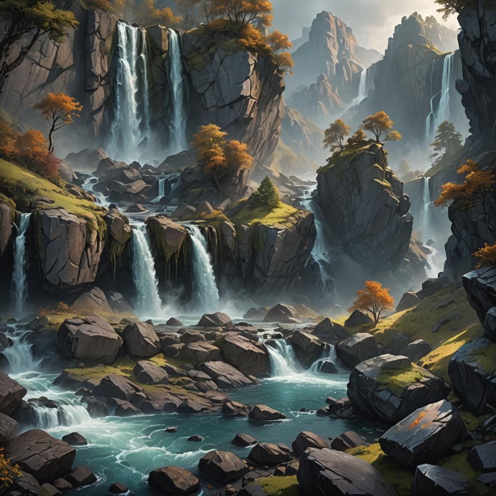 Misty Waterfall Landscape in Impasto Acrylic Style