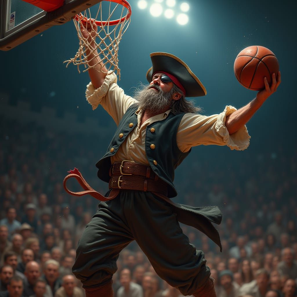 Pirate Slam Dunks Basketball in Stadium