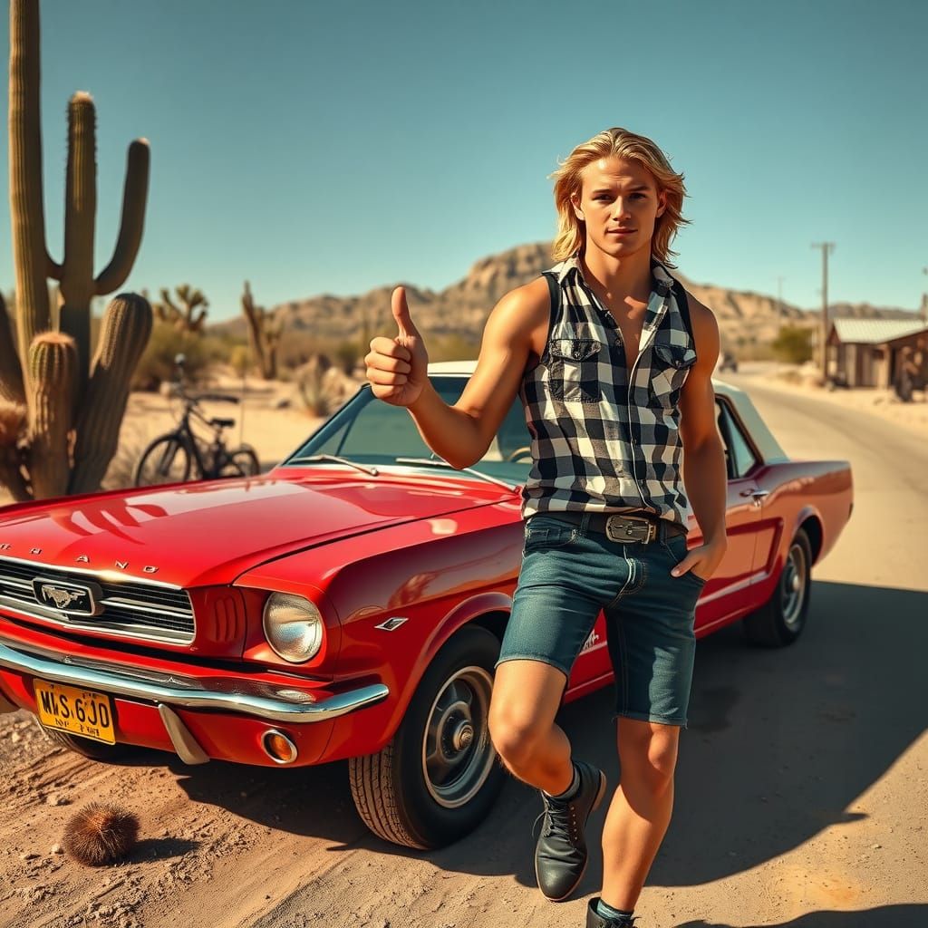 Charming Cowboy Leans Against a Vintage Mustang in the Deser...