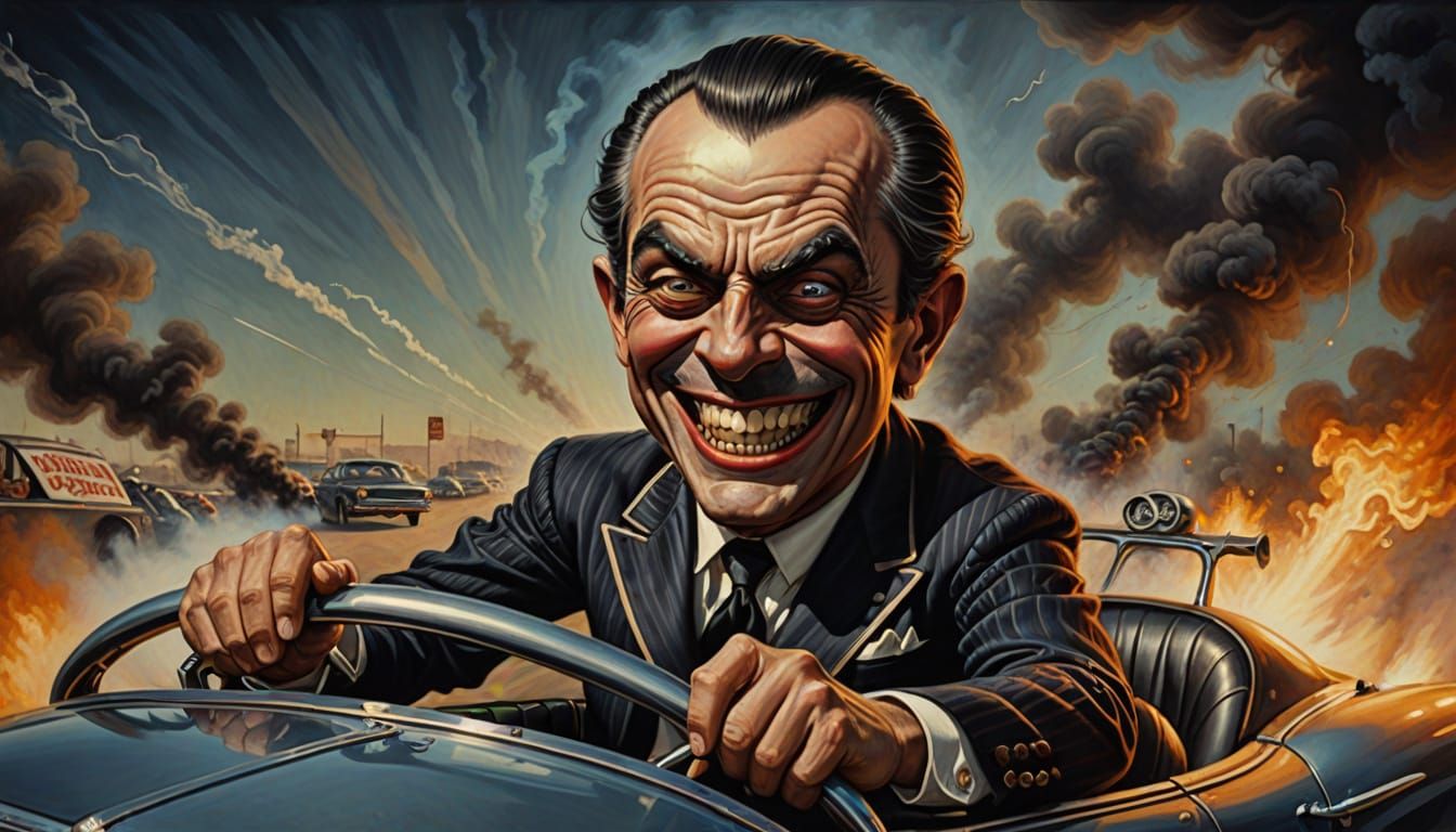 Surreal Macabre Painting of Evil Grinning Driver in Vintage ...