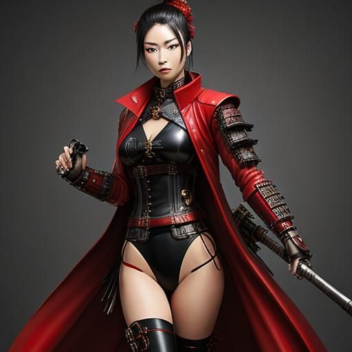 Steampunk Samurai in Red Leather Swimsuit