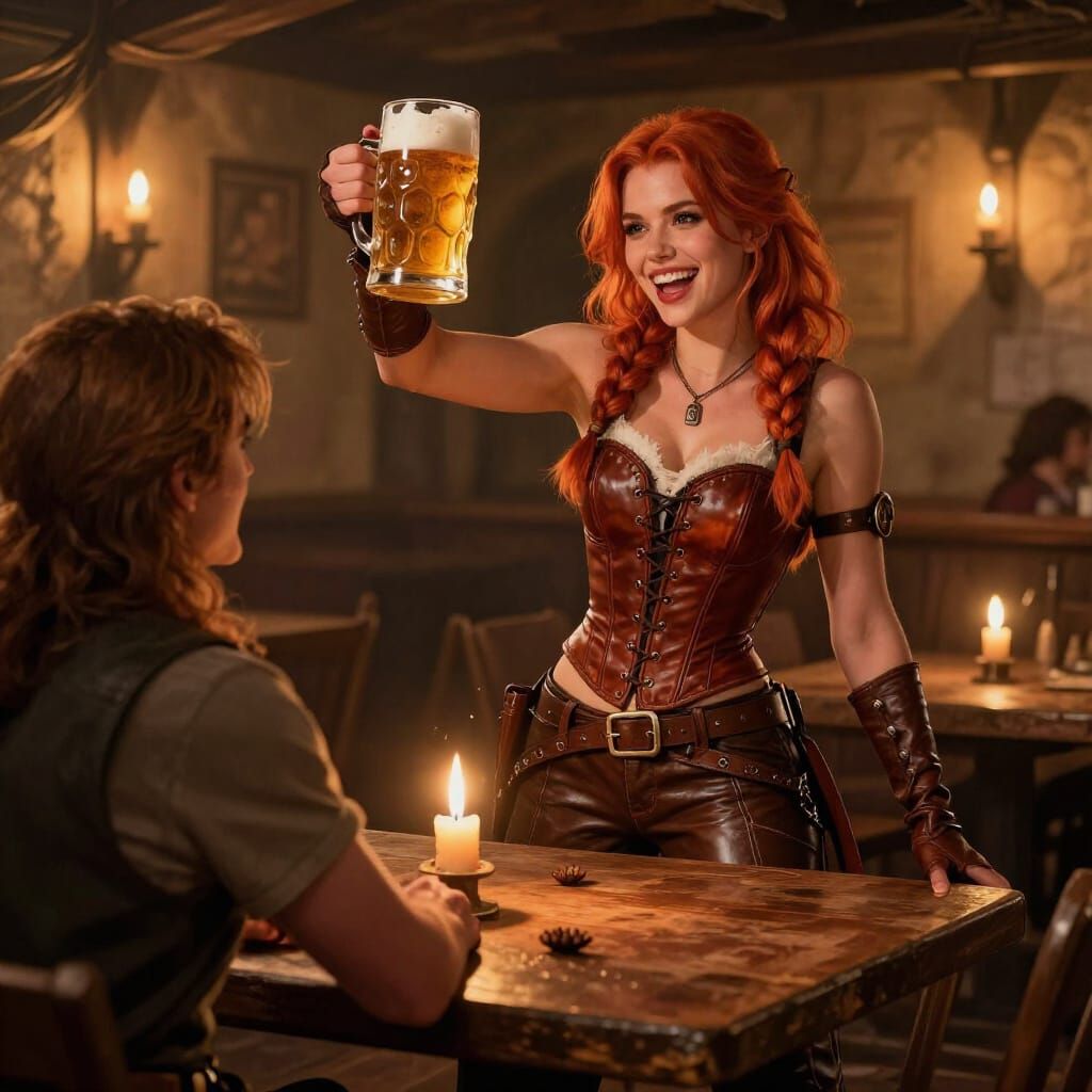 Woman Cheers with Beer Tankard in Candlelit Tavern