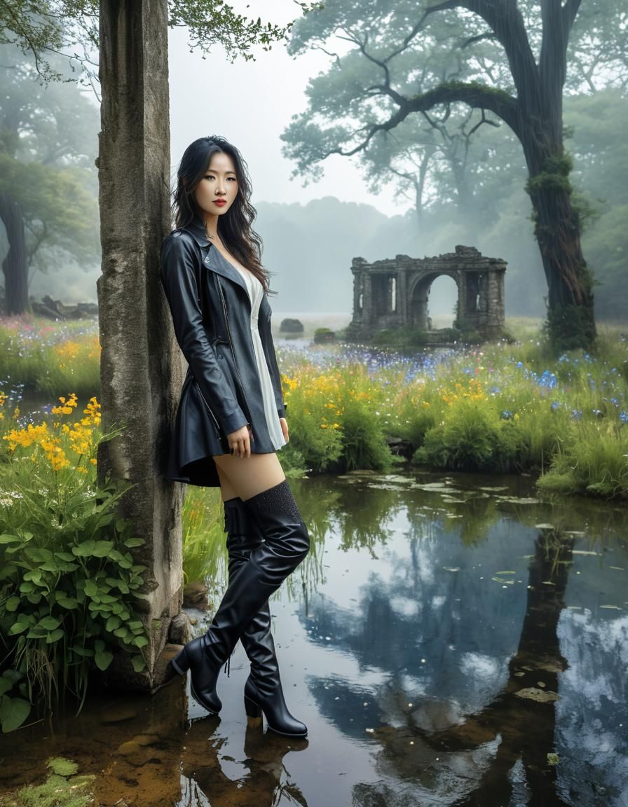 Ethereal Watercolor of Woman in Ruins