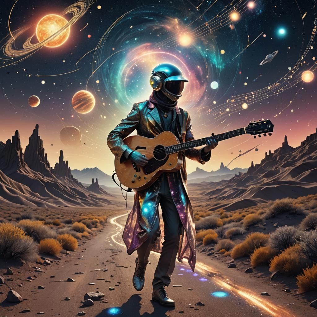 Cosmic Musician on Starry Highway in Digital Art