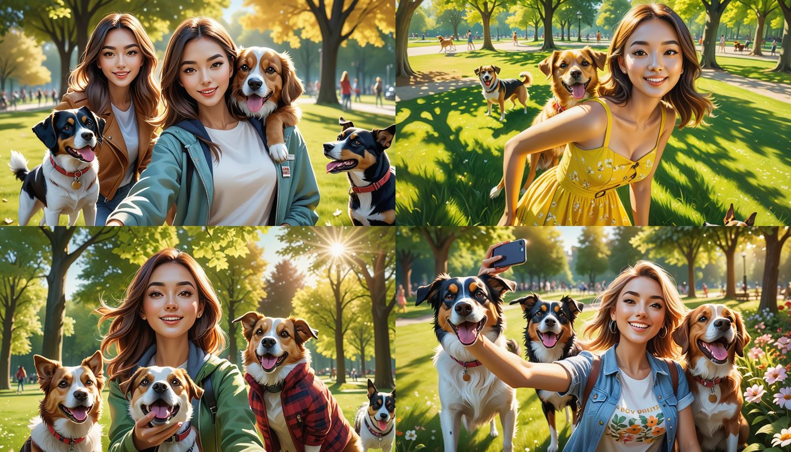 Girl Takes Selfie in Park With Dogs: Hyperrealistic