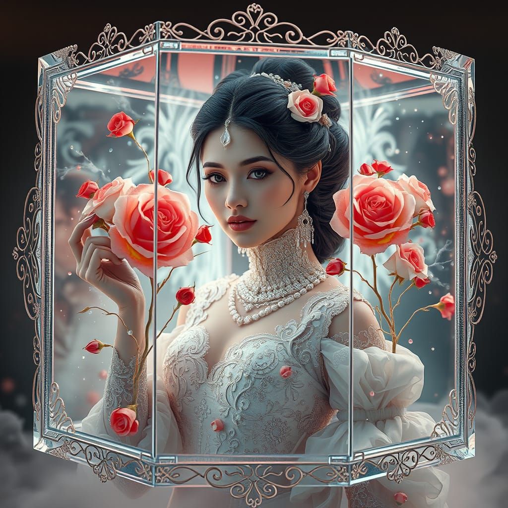 Woman in Cube of Roses: Hyperrealistic Digital Art