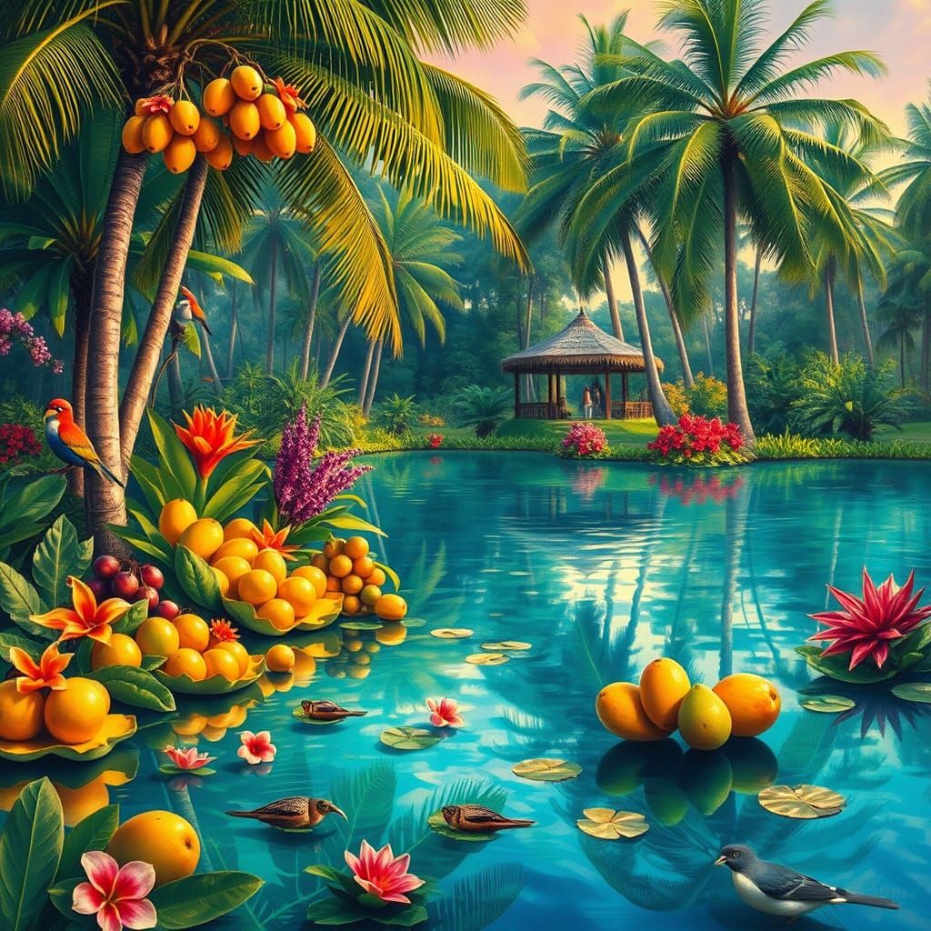 Tropical Paradise with Crystal Lagoon and Vibrant Sunset Vie...