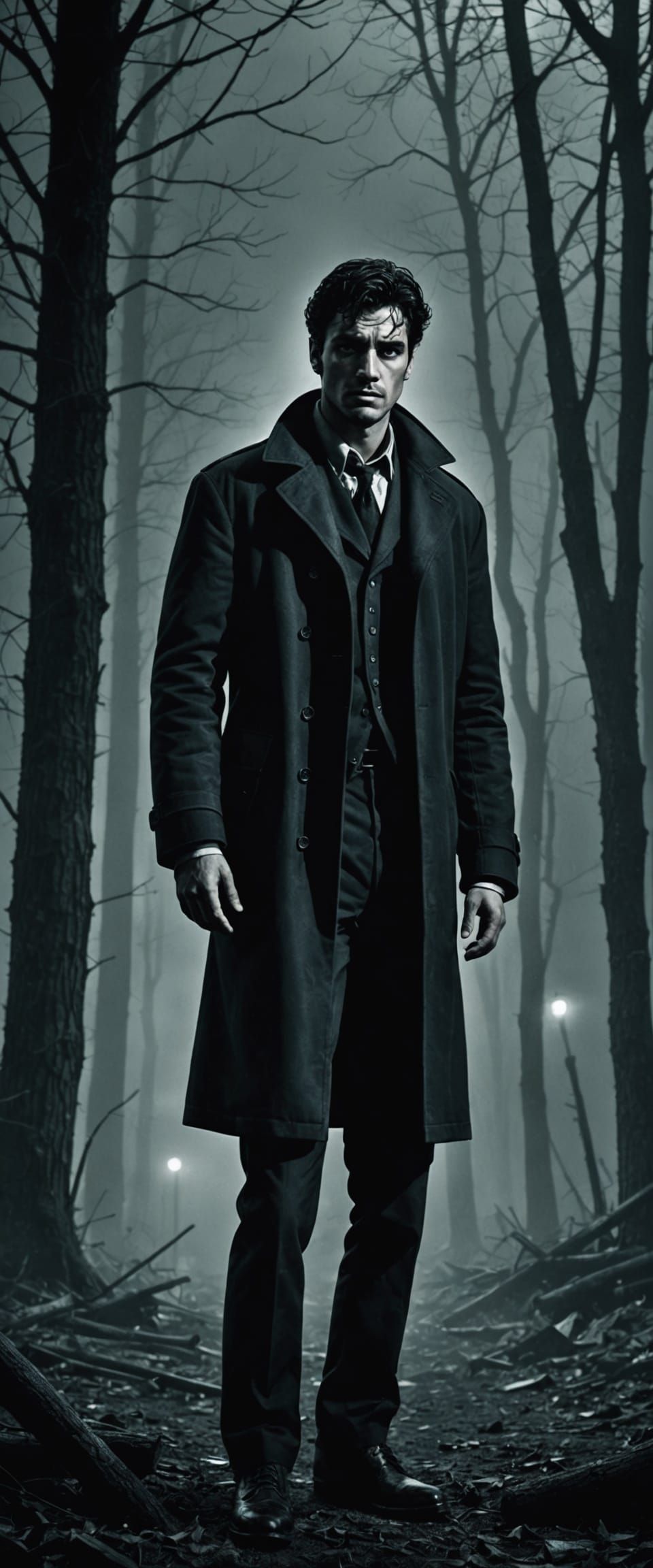 Mysterious Film Noir Figure in Dark Forest