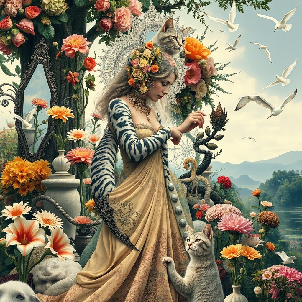 Surreal Garden Party with Woman and Cat