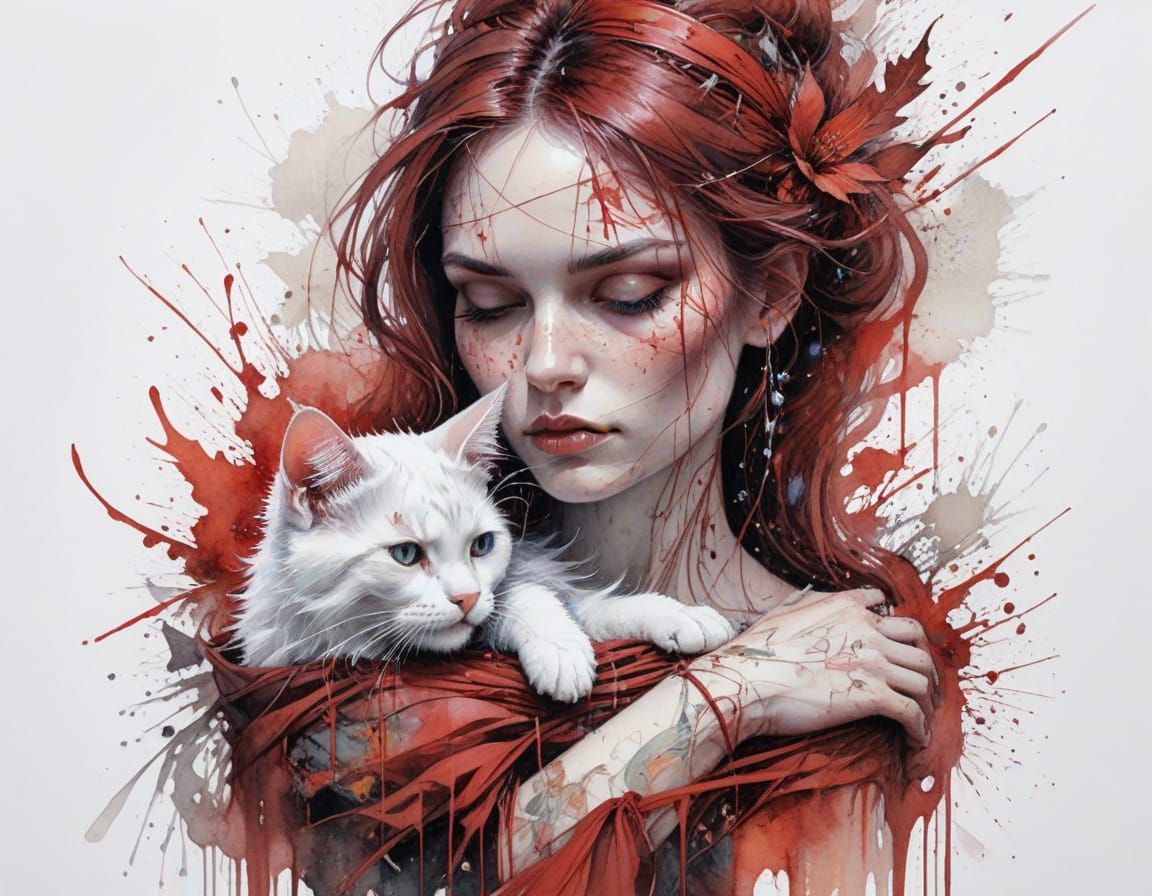 Gothic Crimson Witch with White Cat in Watercolour