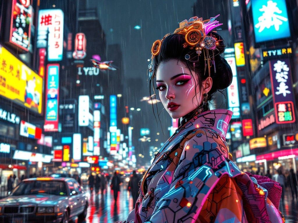 Cyberpunk Geisha in Neon Tokyo