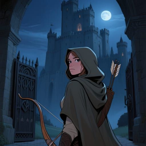 Archer Woman at Medieval Castle Under Moonlight