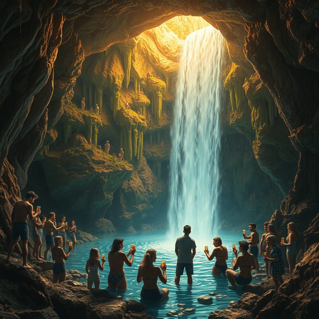 Geode Waterfall Scene in Maximalist Style