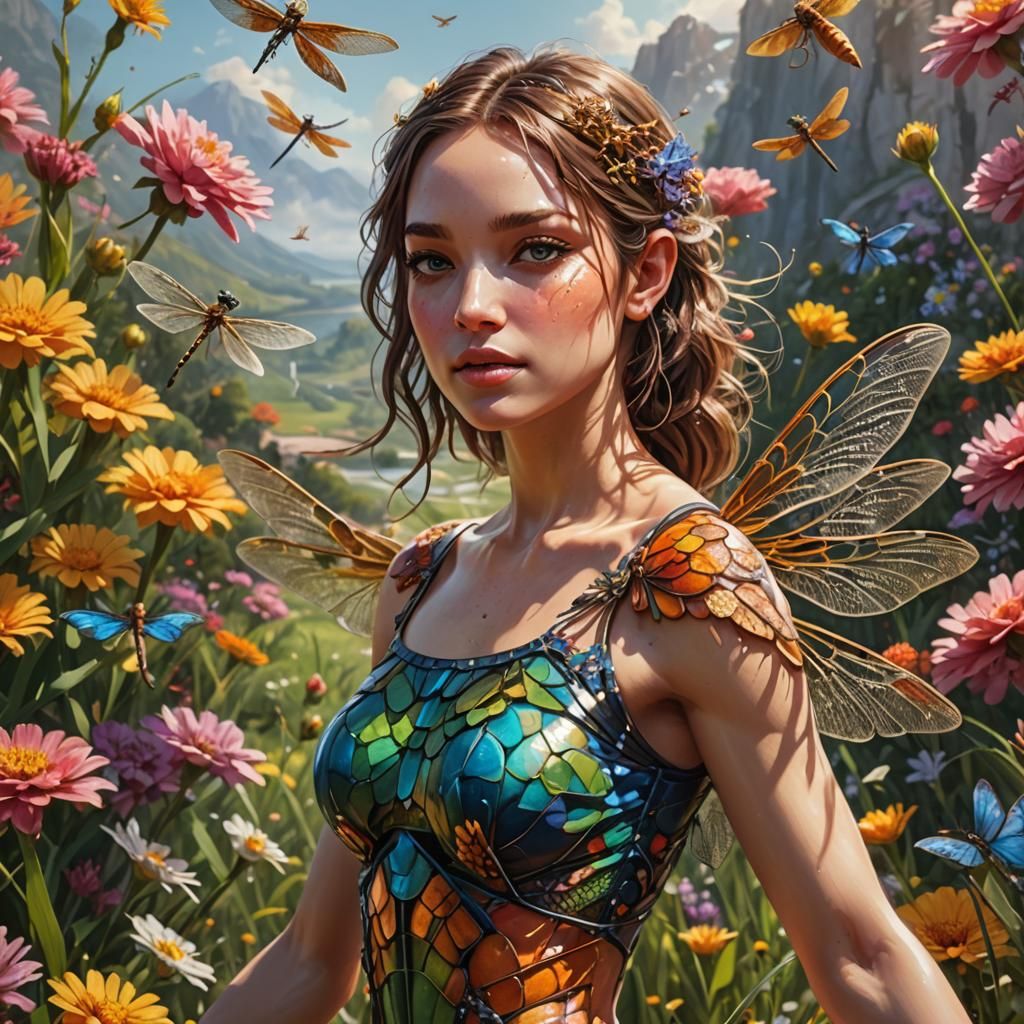 Dragonfly Girl in Sunny Flower Landscape: 3D Render