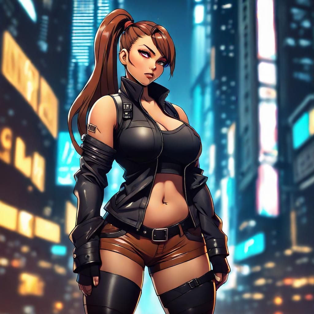 Anime Woman in Cyberpunk City, Detailed Matte Painting