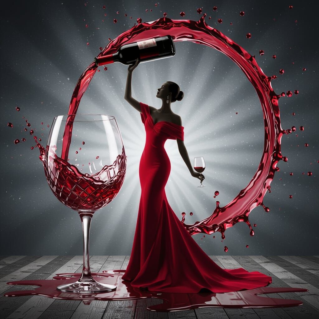 Dramatic Red Wine Pouring Illustration in Fine Art Style