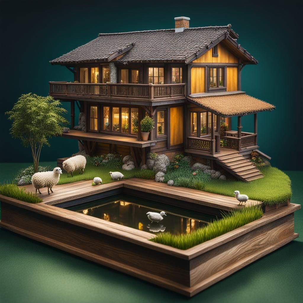 Hyperrealistic Miniature House with Pond and Sheep