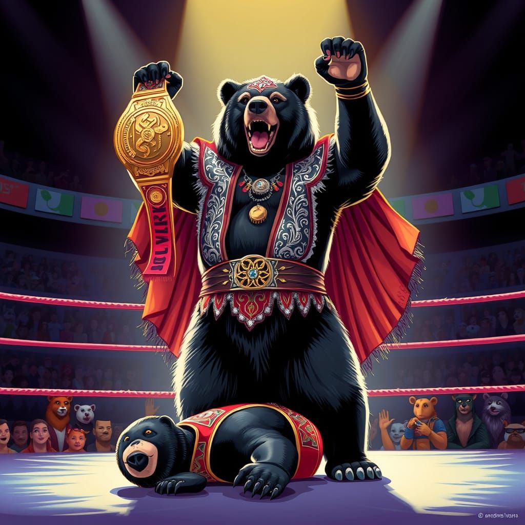 Victorious Black Bear Luchador in Wrestling Ring