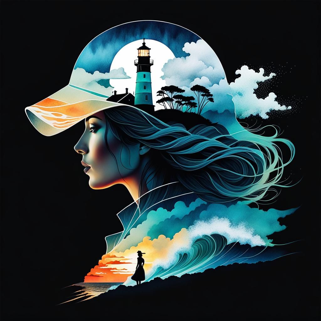 Girl Silhouette and Lighthouse in Double Exposure Style