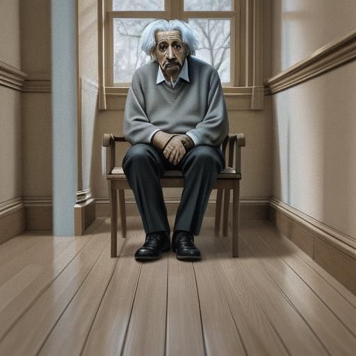 Einstein in School Hallway: Low-Poly Oil Painting