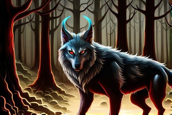 Hell Demon Wolf Portrait in Crimson Red