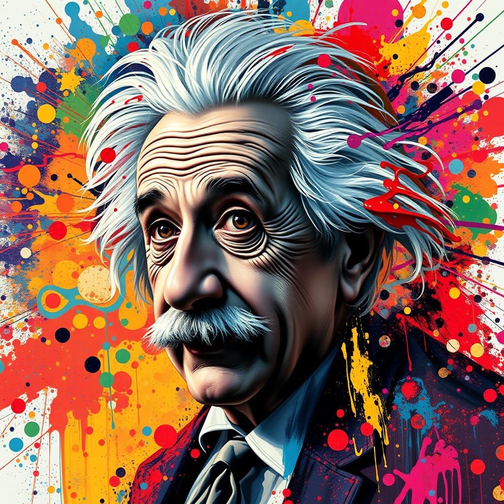 Albert Einstein Hyperrealistic Splash Art with Abstract Back...