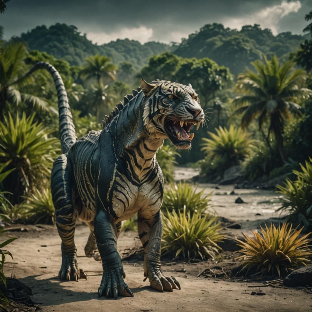 Reptilian Tiger Gorgonopsid in Jungle: Cinematic Still