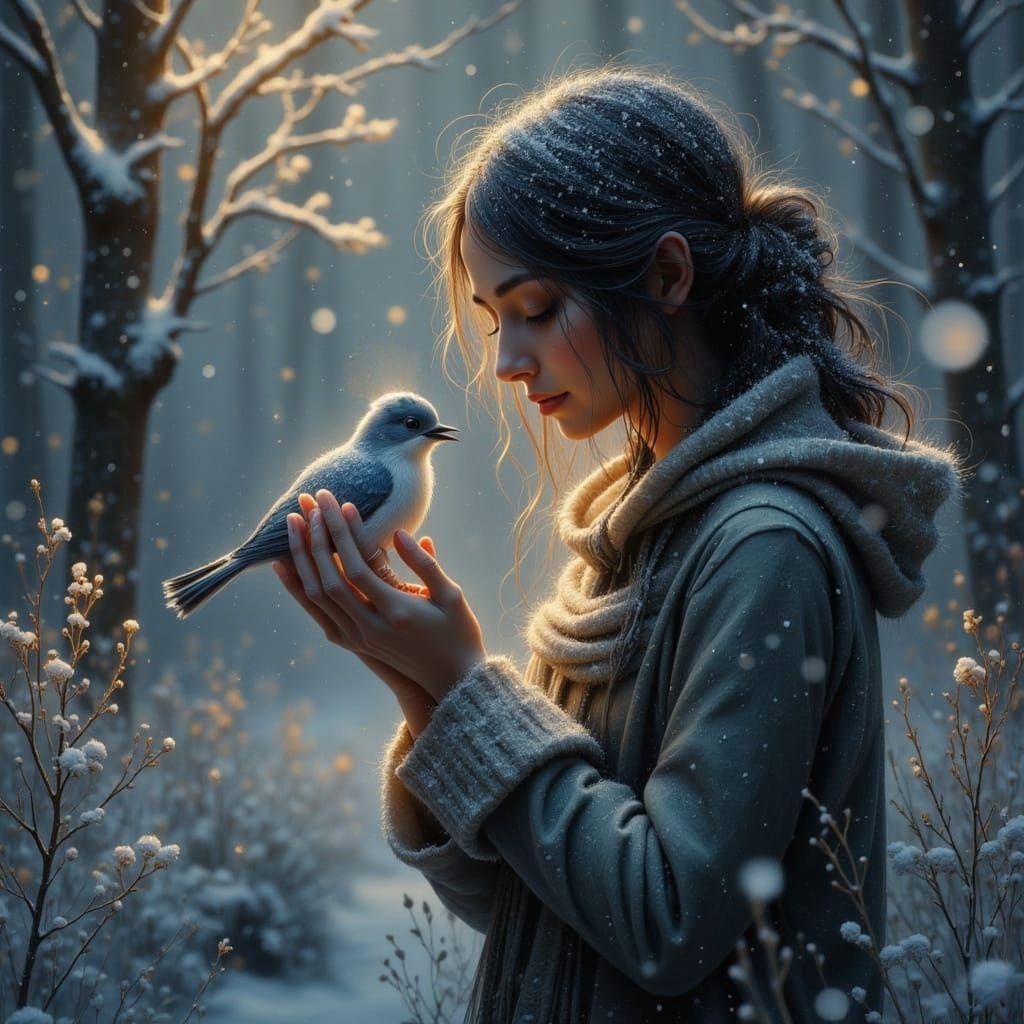 Winter Woman with Snowbird in Frozen Forest