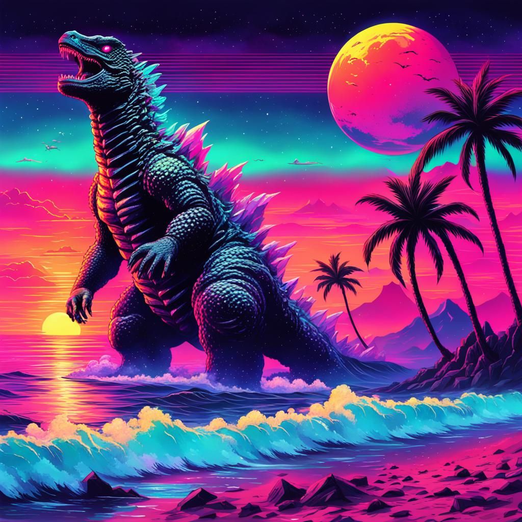 Godzilla on Synthwave Beachfront: Cosmic Art